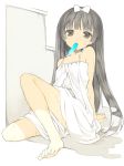 1girl arm_support bare_shoulders barefoot black_eyes black_hair bow copyright_request dress feet female hair_bow kurasuke leaning_back long_hair looking_at_viewer mouth_hold popsicle sitting solo sweat toes very_long_hair white_dress