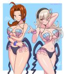  2_girls :3 ;) ahoge alluring alternate_costume arm_behind_head arms_under_breasts bare_midriff bare_thighs beckoning big_breasts bikini blonde_hair blue_background brown_eyes brown_hair cleavage corrin_(fire_emblem) corrin_(fire_emblem)_(cosplay) corrin_(fire_emblem)_(female) crossed_arms crossover delia_ketchum_(pokemon) fang female_only fire_emblem fire_emblem_cipher fire_emblem_fates grey_hair heart_ahoge long_hair midriff multiple_girls navel nintendo official_alternate_costume one_eye_closed pointy_ears pokemon ponytail pose raydango red_eyes see-through shell_bikini sideboob swimsuit thighs under_boob very_long_hair wink 