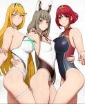  3_girls alluring bare_legs big_breasts bikini blonde_hair brown_eyes colored female_only highleg_bikini long_hair lvl_(sentrythe2310) medium_breasts mythra nia_(blade)_(xenoblade) nia_(xenoblade) nintendo one-piece_bikini posing pyra red_eyes short_hair silver_hair xenoblade_(series) xenoblade_chronicles_2 yellow_eyes 