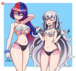 1girl 2_girls ;) ;d alear_(female)_(fire_emblem) alear_(fire_emblem) alluring alternate_hairstyle arm_behind_head arm_up artist_name bare_thighs belly big_breasts bikini black_bikini black_hair blinking blue_background blue_eyes blue_hair blush braid corrin_(fire_emblem)_(cosplay) cosplay female_only fire_emblem fire_emblem_cipher fire_emblem_engage grey_hair high_res horse_tail jewelry long_hair looking_at_viewer medium_breasts multicolored_hair multiple_girls navel necklace nintendo official_alternate_hairstyle one_eye_closed open_mouth pearl_necklace ponytail purple_eyes raydango red_hair seashell see-through shell shell_bikini siblings sideboob simple_background sisters small_breasts smile swimsuit tail thighs twin_tails two-tone_hair under_boob very_long_hair veyle_(fire_emblem) white_hair wide_hips