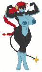  1girl big_ass big_breasts black_fur blue_skin feline long_hair luchodraws luxray muscular_female piercings posing red_hair seductive tail 