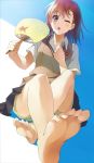  1girl ;o bangs barefoot blush brown_eyes brown_hair collared_shirt emblem fan fanning feet female foreshortening full_body hair_ornament holding hot legs misaka_mikoto one_eye_closed paper_fan perspective pleated_skirt pov_feet school_uniform shadow shirt short_hair short_sleeves shorts shorts_under_skirt simple_background sitting skirt small_breasts soles solo sweat sweater_vest to_aru_kagaku_no_railgun to_aru_majutsu_no_index toes uchiwa upshorts uwatsuki_isshiki wince wink 