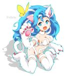 1_girl 1girl animal_ears art bare_shoulders big_breasts blue_eyes blue_hair breasts butterfly capcom cat_ears cat_girl cat_paws cat_tail character_name claws darkstalkers fang felicia_(darkstalkers) female happy ichizen_(o_tori) large_breasts long_hair looking_at_another monster_girl navel open_mouth paws shadow simple_background smile solo tail vampire_(game) white_background