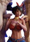  1girl 2boys 3d athletic_female big_breasts big_penis blender bra cfnm dark-skinned_female female_abs fit_female imminent_sex josie_rizal king_(tekken) miguel_caballero_rojo namco skirt tekken vookak 