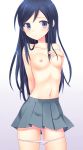 1girl aragaki_ayase black_hair blue_eyes blush breasts collarbone female highres long_hair n.g. navel nipples ore_no_imouto_ga_konna_ni_kawaii_wake_ga_nai panties panty_pull pleated_skirt pussy_juice simple_background skirt small_breasts solo topless underwear