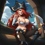  1girl ai_generated big_breasts boots breasts_out_of_clothes female_only league_of_legends long_boots long_hair miss_fortune miss_fortune_(league_of_legends) pirate pubic_hair red_hair redhead 