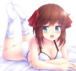  1girl arm_support blush bra breasts brown_hair cleavage feet female green_eyes hair_ribbon hirokawa_takemi komimiyako komitsu long_hair lying no_shoes on_stomach open_mouth panties power_pro_kun_pocket power_pro_kun_pocket_9 ribbon shiny shiny_skin smile socks soles solo underwear underwear_only 