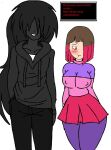  1boy 1girl anti_(artist) bete_noire betty_noire blackrimuri blush breasts brown_hair d.v dialogue dialogue_box english_text glitchtale grin male monster_boy pink_eyes pink_hair shy skirt text undertale_au white_background 