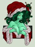  big_breasts breasts_out_of_clothes breasts_outside christmas_hat christmas_outfit fangs green_hair green_nipples green_skin imric1251 looking_at_viewer medusa mythological_creature mythology nipple_slip nipples open_clothes santa_hat smile snake_hair snakes 