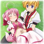 1boy 1girl ^_^ ahoge animal_ears belly_rub blonde_hair blue_eyes breasts closed_eyes dog_days dog_ears dog_tail female gloves hair large_breasts mameshiba millhiore_f_biscotti paw_pose pink_hair shinku_izumi short_hair tail tail_wagging