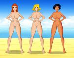  1girl 3_girls alex_(totally_spies) alluring beach black_hair blonde_hair bloodyblender blue_eyes brown_eyes casual clover_(totally_spies) dark_skin green_eyes hazel_eyes human nude older older_female orange_hair pale_skin red_hair redhead sam_(totally_spies) totally_spies trio yellow_eyes young_adult young_adult_female young_adult_woman 