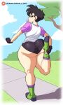 1girl ass ass_focus big_ass bike_shorts bitch black_hair black_shorts blue_eyes bottomwear bubble_ass bubble_butt bubblegum daf_n_half dat_ass dragon_ball fat_ass female_only footwear full_body gloves hair handwear hooker huge_breasts legs looking_back one_leg_raised one_leg_up pervert pervert_female prostitute prostitution public public_indecency raised_leg sex_invitation sexually_suggestive shoes short_hair short_shorts shorts solo_female sportswear sweat sweatdrop sweaty tank_top topwear videl