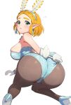 1girl alluring ass ass_focus bending_over big_breasts blonde_hair bunny_ears bunny_girl bunnysuit dat_ass female_only gonzarez green_eyes high_heels nintendo pantyhose princess_zelda short_hair simple_background the_legend_of_zelda the_legend_of_zelda:_tears_of_the_kingdom thick_thighs white_background