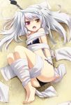  1girl barefoot bdsm bikini blush bondage bound eyepatch eyepatch_removed female grune heterochromia infinite_stratos laura_bodewig legs long_hair lying open_mouth silver_hair solo swimsuit twintails 