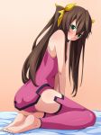  1girl barefoot blush brown_hair feet female green_eyes hair_ribbon huang_lingyin infinite_stratos long_hair mei_ichi ribbon soles toes twintails 