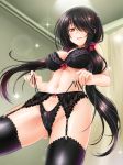  1_girl 1girl art black_bra black_legwear black_panties blush bow bow_panties bra breasts cameltoe cleavage date_a_live female from_below garter_belt garter_straps hair_bow hair_over_one_eye indoors lace lace-trimmed_bra lace-trimmed_panties lace-trimmed_thighhighs lace_panties large_breasts lens_flare light_particles lingerie long_hair looking_at_viewer looking_down naughty_face navel okitakung panties panties_over_garter_belt red_eyes self_wedgie side-tie_panties smile solo sparkle thighhighs tokisaki_kurumi twintails underwear underwear_only untied wedgie 