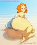  1girl 2d 2d_(artwork) 2d_artwork chickpea denim denim_shorts female_only grin jean_shorts jeans judy_abbott looking_back lying milf netflix orange_hair outside smile solo_female solo_focus sweat twelve_forever 