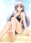  1girl barefoot bikini black_bikini breasts cleavage diesel-turbo feet female large_breasts long_hair lyrical_nanoha mahou_shoujo_lyrical_nanoha mahou_shoujo_lyrical_nanoha_a's red_eyes reinforce side-tie_bikini silver_hair sitting smile soles solo swimsuit toes very_long_hair 