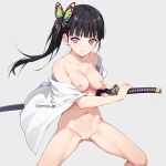 black_hair butterfly_hair_ornament cape hair_ornament holding_sword holding_weapon katana kimetsu_no_yaiba long_hair looking_at_viewer medium_breasts nekom14 nipples nude_female purple_hair pussy side_ponytail spread_legs sword tsuyuri_kanao