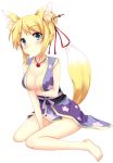 1girl ?? animal_ears bad_id barefoot blonde_hair blue_eyes blush breasts cleavage dog_days female fox_ears fox_tail hair hair_ornament hair_stick kneeling looking_at_viewer necklace plain_background sea_(lordofk) short_hair simple_background sitting smile solo tail wariza white_background yukikaze_panettone zen_o