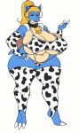  1girl big_ass big_breasts bikini blastoise blue_skin cow_bikini cow_print cow_print_thighhighs horns long_hair luchodraws posing seductive yellow_hair 