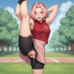  1girl ai_generated green_eyes kick kicking naruto naruto_shippuden pink_hair sakura_haruno tagme torn_clothes 