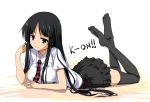  1girl akiyama_mio bangs black_hair black_legwear black_thighhighs blue_eyes blunt_bangs breasts feet female frills full_body gathers hime_cut k-on! large_breasts legs long_hair lying necktie on_stomach ruffles senji_(artist) senji_(tegone_spike) simple_background smile solo thigh-highs thighhighs tsurime very_long_hair white_background zettai_ryouiki 