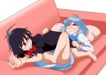  2_girls ahegao ahoge bare_legs barefoot bed black_hair blue_hair blush bow dress feet female female_only foot_tickling heterochromia houjuu_nue iromeki_overdrive looking_up lying multiple_girls no_legwear no_panties no_shoes pillow red_eyes runny_nose short_hair skirt soles spread_toes sweat sweatdrop tatara_kogasa tickle_torture tickling toes touhou wavy_mouth yuri 