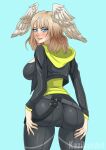 1girl alluring ass ass_focus ass_grab ass_support big_breasts blue_eyes blush brown_hair cameltoe come_hither eunie_(xenoblade) from_behind head_wings huge_ass jacket kazibar long_hair looking_at_viewer naughty_face pants parted_lips sideboob smile wings xenoblade_(series) xenoblade_chronicles_3