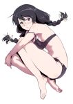 1girl bakemonogatari barefoot black_hair blush bow bra braid breasts feet female fetal_position full_body glasses hair_ribbon hanekawa_tsubasa inu_(aerodog) long_hair lying monogatari_(series) navel nekomonogatari on_side panties purple_eyes ribbon simple_background solo strap_slip twin_braids underwear underwear_only white_background