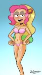 1girl amphibia bangs bikini breasts disney fair_skin flower_in_hair gradient_background grown_up half-closed_eyes hands_on_hips javisuzumiya long_hair looking_at_viewer molly_jo_(amphibia) multicolored_hair slim_girl standing