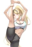  1girl alluring alternate_costume alternate_hairstyle athletic_female big_breasts blonde_hair female_only fit_female gym_pants high_res kneepits mythra nintendo okazu2010015 ponytail split sports_bra white_background xenoblade_(series) xenoblade_chronicles_2 yellow_eyes 