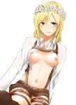 1girl blonde_hair blue_eyes blush boots breasts christa_renz female flower hair_flower hair_ornament long_hair looking_at_viewer navel nipples open_clothes open_shirt rororoon shingeki_no_kyojin shirt short_hair simple_background sitting solo stomach uniform wariza white_background wreath