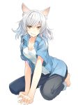 1girl animal_ears bakemonogatari barefoot black_hanekawa breasts casual cat_ears cleavage denim fang female hanekawa_tsubasa jeans long_hair looking_at_viewer miz monogatari_(series) pants raised_eyebrow silver_hair simple_background smile white_background yellow_eyes