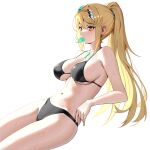  1girl alluring bare_legs besser big_breasts bikini blonde_hair cleavage female_only mythra nintendo ponytail popsicle popsicle_in_mouth simple_background xenoblade_(series) xenoblade_chronicles_2 yellow_eyes 