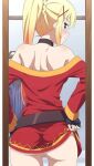 1girl ass blonde_hair blue_eyes darkness_(konosuba) dress_lifted_by_self dustiness_ford_latatina female_only kono_subarashii_sekai_ni_shukufuku_wo! long_hair looking_at_mirror looking_at_self looking_back lovehuwu megumin_(cosplay) mirror nekom14 no_panties ponytail pussy rear_view short_dress