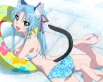 1girl animal_ears barefoot bell bikini blue_eyes blue_hair cat_ears cat_tail earrings fang feet female happy innertube jewelry jingle_bell long_hair lying on_stomach original soles solo swimsuit tail toes tonbi twintails yuki_(tonbi)