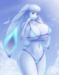  1girl alluring anthro big_breasts bikini blade_(xenoblade) blue_body blue_eyes blue_fur bunnit clothing cloud covered_nipples dahlia_(xenoblade) day fur glowing huge_ears humanoid lagomorph leporid looking_at_viewer mammal navel nintendo purple_lipstick rabbit saf-404 saf_404 safartwoks safartworks sky sky_background smile sunlight swimwear tagme thick_thighs xenoblade_(series) xenoblade_chronicles_2 