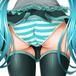 1girl aqua_hair ass blue_legwear blue_panties blue_striped_panties close-up dr_rex female female_only from_behind green_legwear lace-trimmed_panties long_hair miku_hatsune panties panty_focus pantyshot shimapan shiny shiny_skin skirt solo_female striped striped_panties twin_tails underwear upskirt very_long_hair vocaloid