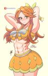  1girl alluring arms_behind_head athletic_female bare_midriff bare_thighs blush etie_(fire_emblem) female_abs female_only fire_emblem fire_emblem_engage fit_female frown green_eyes long_hair looking_at_viewer medium_breasts midriff nintendo orange_hair raydango sweat thighs 