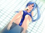  1girl barefoot blue_hair blush churack_ririela erect! feet female game_cg long_hair piromizu ponytail purple_eyes ririela_churack solo swimsuit 