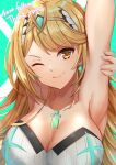  1girl alluring aqua_background arms_behind_head arms_up blonde_hair circlet cleavage earrings edamameoka green_background high_res jewelry long_hair looking_at_viewer mythra mythra_(radiant_beach)_(xenoblade) nintendo one-piece_bikini one_eye_closed smile swept_bangs swimsuit upper_body white_one-piece_swimsuit xenoblade_(series) xenoblade_chronicles_2 yellow_eyes 