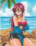  1girl 2021 alluring bare_legs beach big_breasts cleavage creatures_(company) game_freak glasses green_eyes high_heels high_res jacket lorelei_(pokemon) miniskirt nintendo ocean palm_tree pencil_skirt poke_ball pokemon pokemon_(anime) pokemon_(classic_anime) ponytail purple_hair ravern_clouk ravernclouk_design red_hair rock skirt strapless thighs tree tube_top undressing 