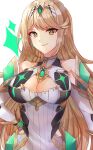  1girl alluring bare_shoulders blonde_hair brown_eyes cleavage cleavage_cutout closed_mouth clothing_cutout collarbone covered_collarbone dress edamameoka elbow_gloves gloves hand_on_own_hip headpiece high_res long_hair looking_at_viewer medium_breasts mythra nintendo simple_background smile sparkle upper_body very_long_hair white_background white_dress white_gloves xenoblade_(series) xenoblade_chronicles_2 