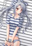 1girl blush bottomless cuffs dark_chapel female hair_ribbon handcuffs height_chart liz_(dark_chapel) long_hair mugshot navel nicci original panties prison_clothes prisoner red_eyes ribbon silver_hair solo striped striped_legwear striped_panties striped_thighhighs thighhighs twintails underwear