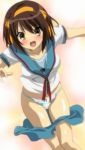 1girl accident anime bad_id bad_pixiv_id blue_sailor_collar blue_skirt blush brown_eyes brown_hair brunette green_panties hair_ribbon haruhi_suzumiya kita_high_school_uniform looking_at_viewer momoiro_tanuki panties ribbon sailor_collar school_uniform serafuku short_hair skirt skirt_down solo summer_uniform suzumiya_haruhi suzumiya_haruhi_no_yuuutsu sweatdrop underwear wardrobe_malfunction