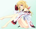 1girl bare_shoulders barefoot blonde_hair bottomless charlotte_dunois feet female gradient gradient_background green_background infinite_stratos long_hair long_legs looking_at_viewer navel no_panties open_mouth purple_eyes saipaco sitting solo