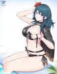  1girl 1girl alluring bikini blue_eyes breasts byleth_(fire_emblem) byleth_(fire_emblem)_(female) byleth_(summer)_(fire_emblem)_(female) cape fire_emblem fire_emblem:_three_houses fire_emblem_heroes flower_in_hair kaos_art looking_at_viewer nintendo pool poolside sideboob sitting smile swimming_pool swimsuit taking_off_bra teal_hair undressing 