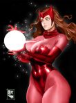 big_breasts black_background bodysuit botslim brown_hair energy_ball glowing huge_breasts legwear long_hair long_sleeves marvel marvel_comics red_bodysuit red_legwear scarlet_witch stockings white_eyes