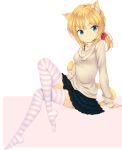  1girl animal_ears arm_support blonde_hair blue_eyes bow cat_ears cat_tail crossed_legs feet female frilled_skirt frills hair_bow legs_crossed neko neko_girl no_shoes original ponytail short_hair sitting skirt sleeves_past_wrists solo striped striped_legwear tail thighhighs zettai_ryouiki zizi_(zz22) 